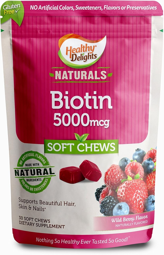 Saudável Delights Naturals, Biotin macio mastiga, Suporta cabelos lustrosos, Pele brilhante & unhas fortes, Delicious Wild Berry Flavor, 30 Conde