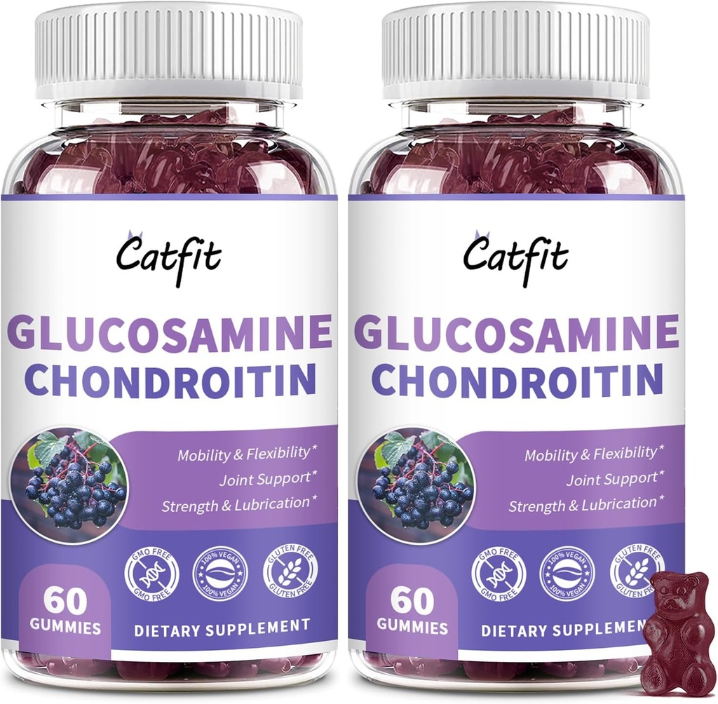 Catfit Glucosamina Condroitin Gummies,Força extra Suplemento de apoio à saúde conjunta com HSH & Elderberry, Suplemento de suporte imunológico antioxidante para adultos Homens e mulheres (2 Pack)