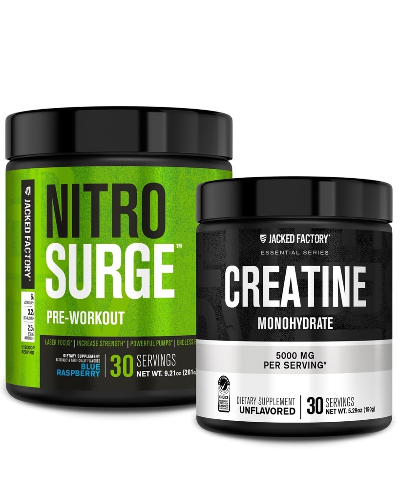 Fábrica Jacked NITROSURGE Pre Treino Suplemento (Azul framboesa) Creatina Monohidrato em pó 150g para o crescimento muscular, aumento de força, energia melhorada