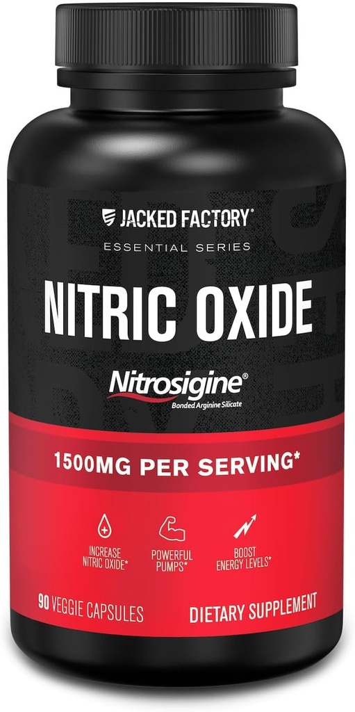 Jacked Factory Essentials Nitric Oxide Booster - Patented Bonded L-Arginina Silicate 1500mg Pre Treino para Crescimento Músculo, Bombas, Vascularidade e Energia - 90 comprimidos vegetarianos