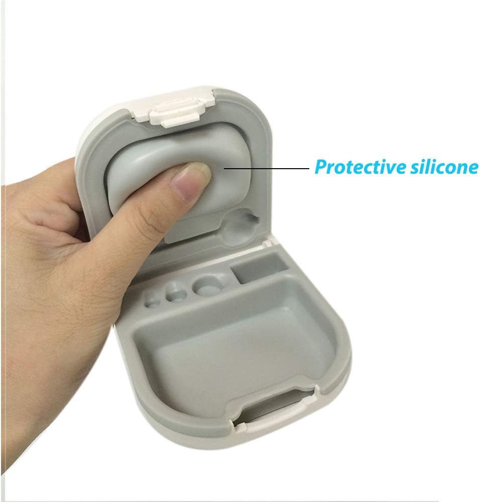 Caso de ajuda auditiva com Fenda de armazenamento de bateria Hard Small 0.59"*2.44"*1.57",Cushion Silicone, para ITE, Aids auditivos BTE (branco)
