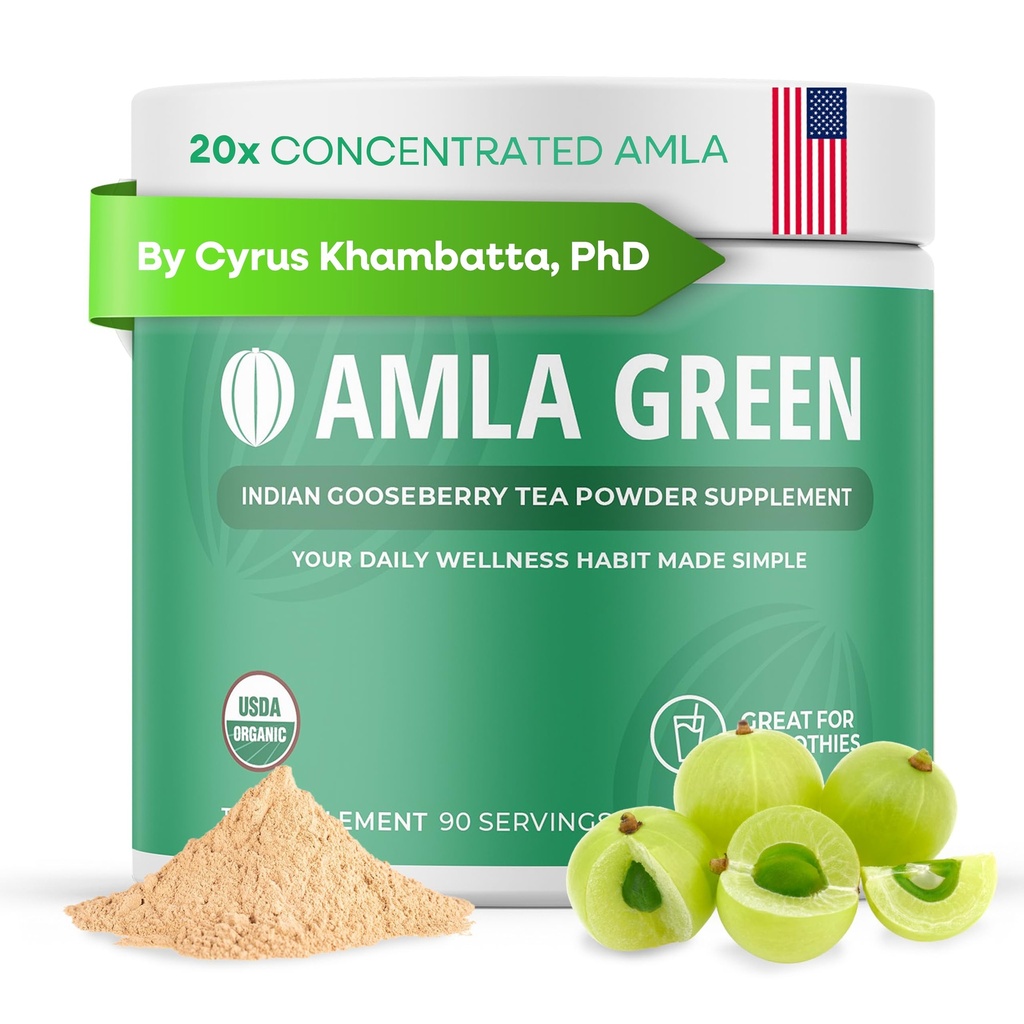 Amla Powder & Green Tea Superfood Supplement, 20x Ultra concentrado Amla, Apoio Antioxidante, Feito com chá oolong e Groselhas indianas, Orgânico, Vegan, sabor clássico, 90 Servings
