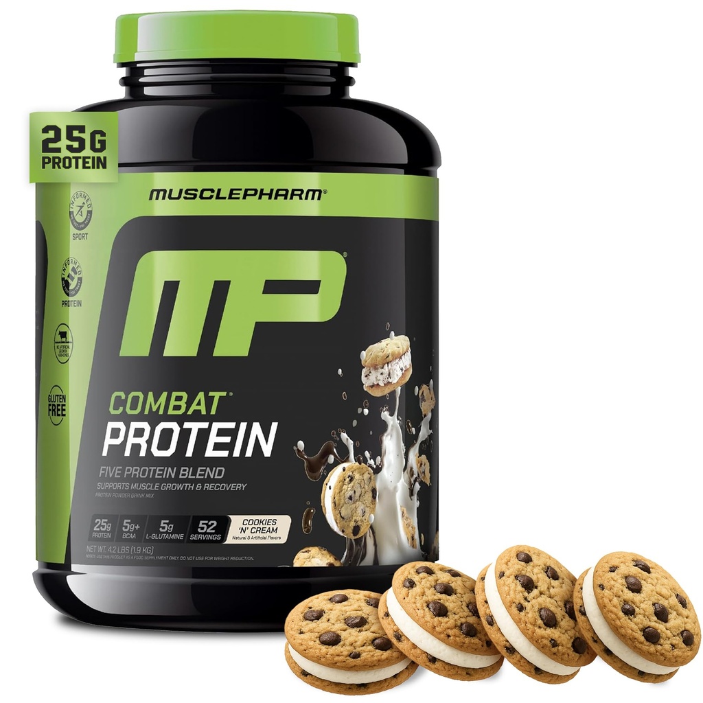 MusclePharm Combat Protein Powder, Cookies ‘N’ Cream Flavor, Combustíveis Músculos para Exercícios Produtivos, 5 Fontes de Proteínas incluindo Whey Protein Isolate & Egg Albumina, Gluten Free, 4 lb, 52 Servings