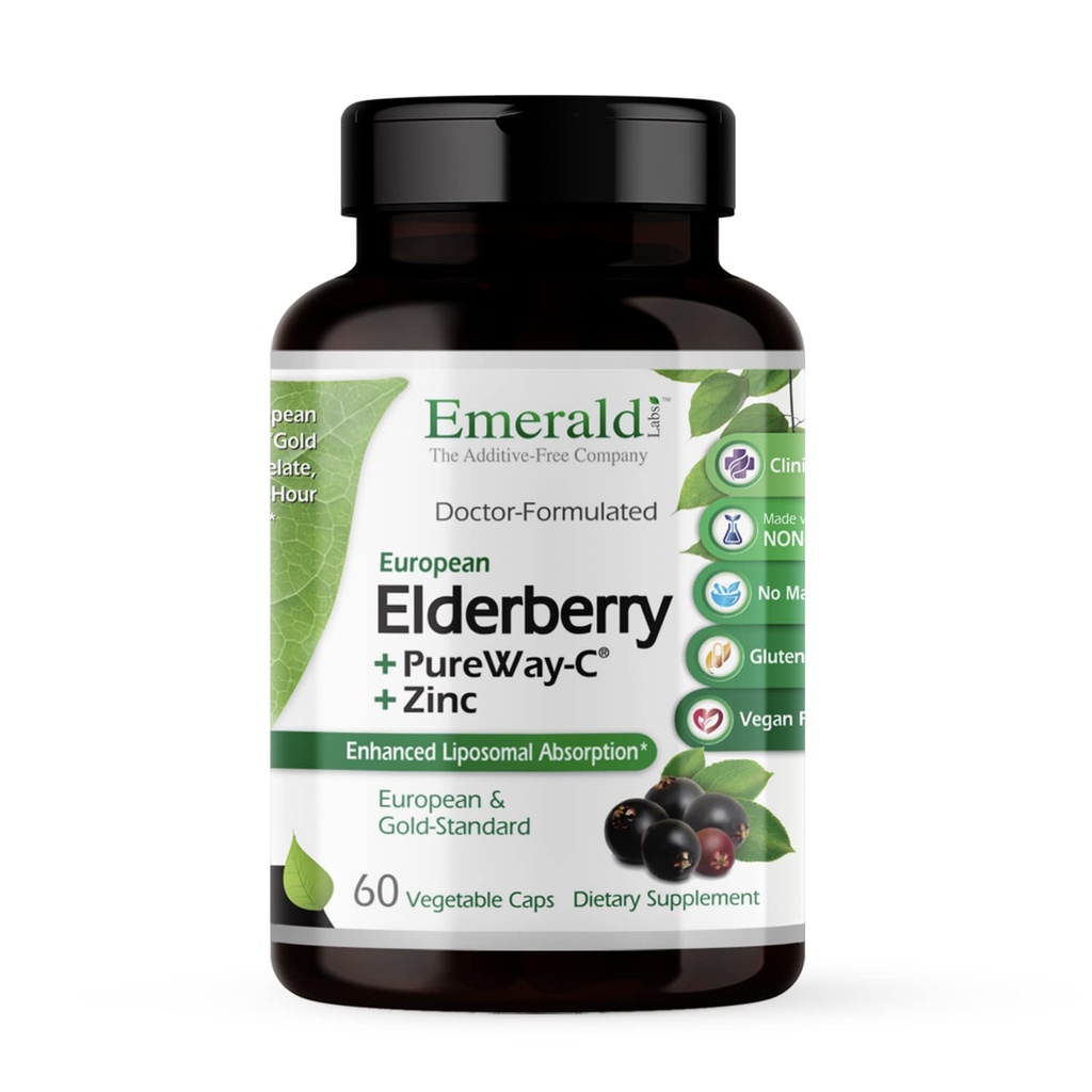 EMERALD LABS Elderberry Plus - Suporte Digestivo e Imune com Extrato Europeu de Elderberry, Vitamina C como PureWay-C & Albion Quelated Zinco - Vegan & Gluten-Free - 60 Cápsulas Vegetais (fornecimento de 30 dias)