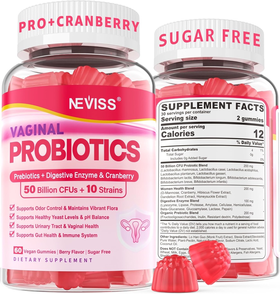 Equilíbrios vaginais probióticos para mulheres PH, Controle de Odor com Prebióticos, Cranberry, D-Mannose, Promove a flora vaginal saudável feminina, Trato urinário, Levedura, Suporte digestivo, Livre de açúcar,60Cts
