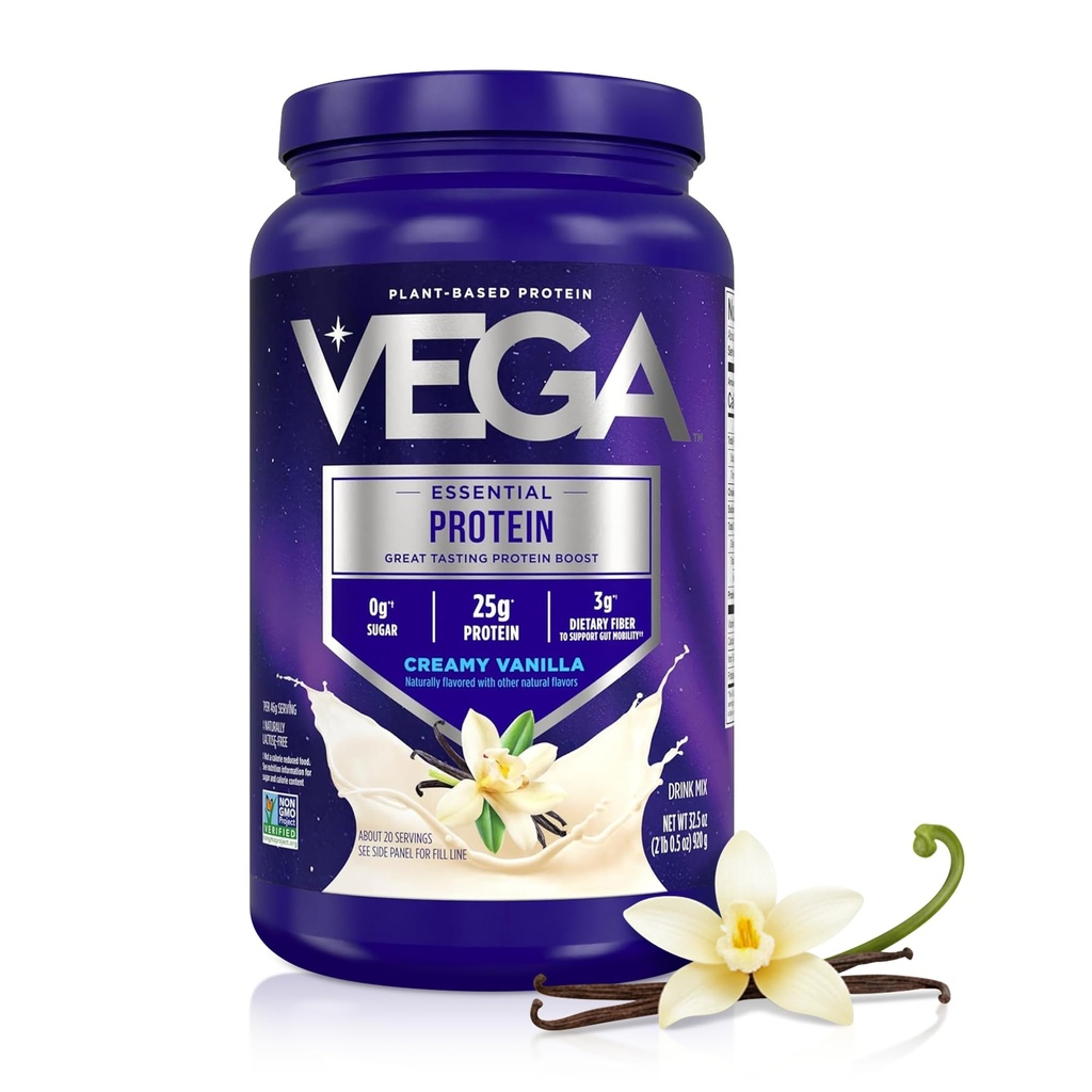 Vega Original Essential Protein - 25g Proteína Baseada em Planta, Baunilha cremosa, 20 Servings, Vegan Não-GMO Bebida Mix, Smoothie & Shake Ready, Gluten Free, Dairy Free, 32,5 onças (Packaging May Vary)