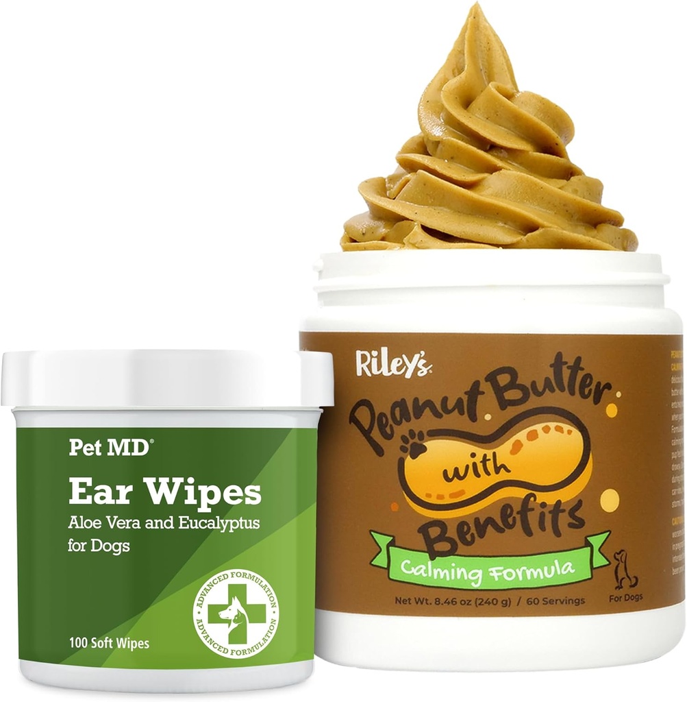 Limpador de ouvido de cão de estimação MD Wipes + Riley's calmante manteiga de amendoim para cães