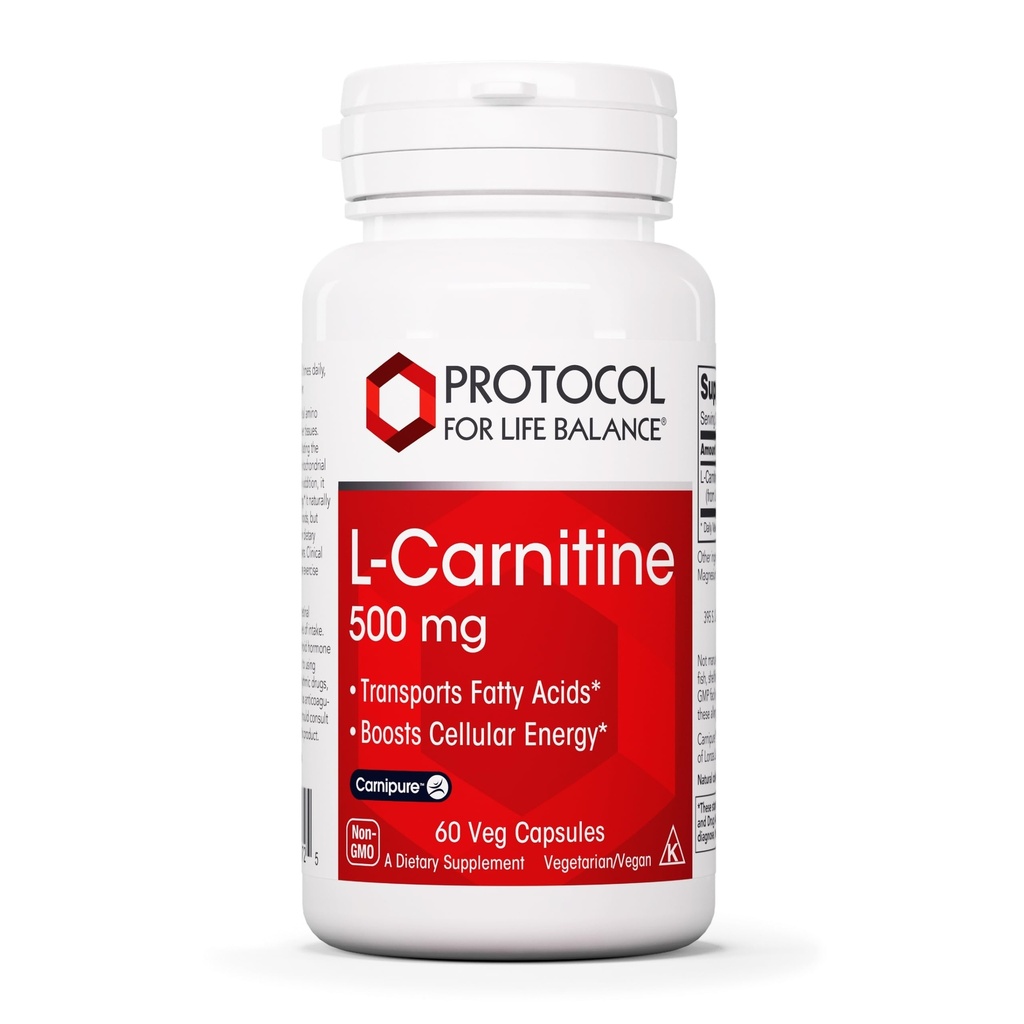 PROTOCOLO PARA A VIDA BALANCE L-Carnitina 500mg - Metabolismo de Energia Celular - Exercício de Desempenho, Recuperação - 60 Veg Caps