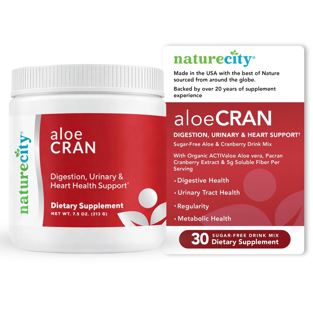 NaturezaCity AloeCran - Puro Aloe Vera Mistura com Cranberry Powder Supplement - Mistura de Combo de Fibra Livre de Açúcar para Saúde Digestiva e Urinária - Gut & Suporte à Saúde Metabólica - 30 Dias de Abastecimento