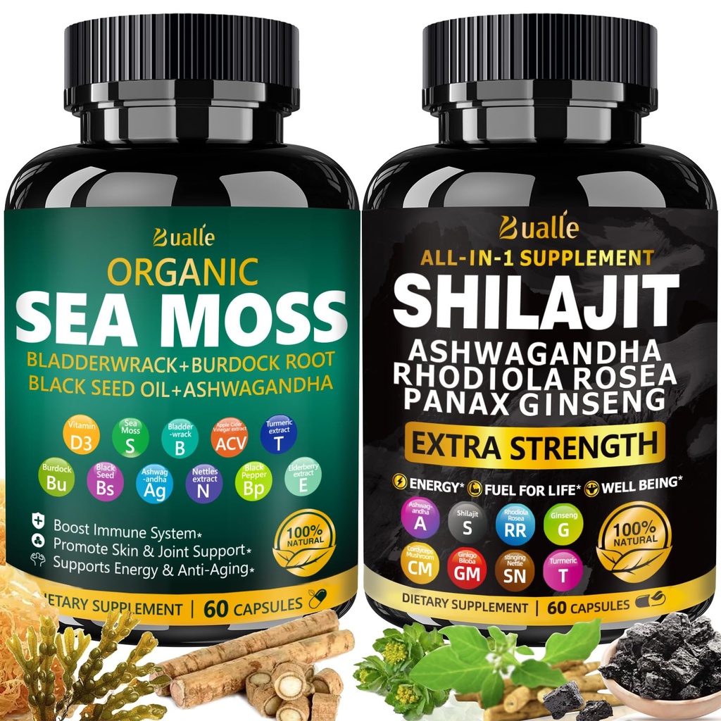 Bualle Sea Moss e Shilajit Bundle-Sea Moss 300mg, óleo de semente preta 100mg,Ashwagandha 50mg,Ginger & Shilajit 300mg,Rhodiola Rosea 100mg,Panax Ginseng 50mg,Tudo em 1 Suplementos-EUA Made(2 Pack)