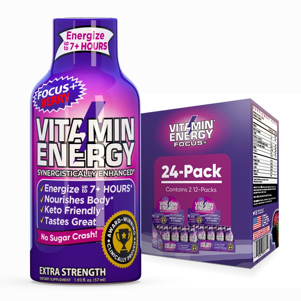 Vitamina Energia Focus+ Energia de força extra Tiro Berry 24 Pack, 260mg Cafeína Natural, B-Vitaminas, CoQ10, Aminoácidos, Foco, Produtividade e clareza, Açúcar Zero, Gluten-Free, 1,93 fl oz
