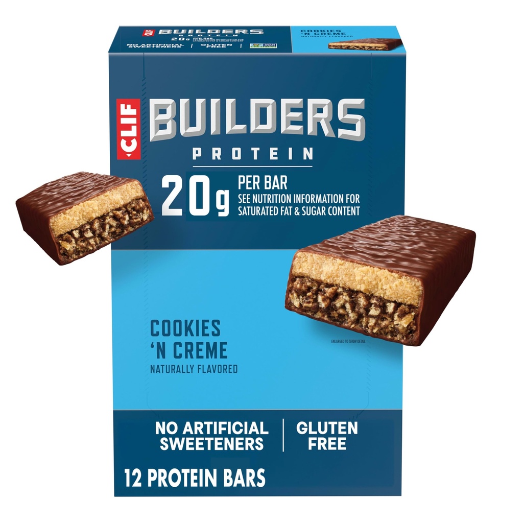 CLIF Builders Protein Bars - Cookies 'n Cream Flavor - 20g Proteína Baseada em Planta - Gluten Free - Non-GMO - Low Glicemia - No Artificial Sweeteners - 2.4 oz. (12 Pack)