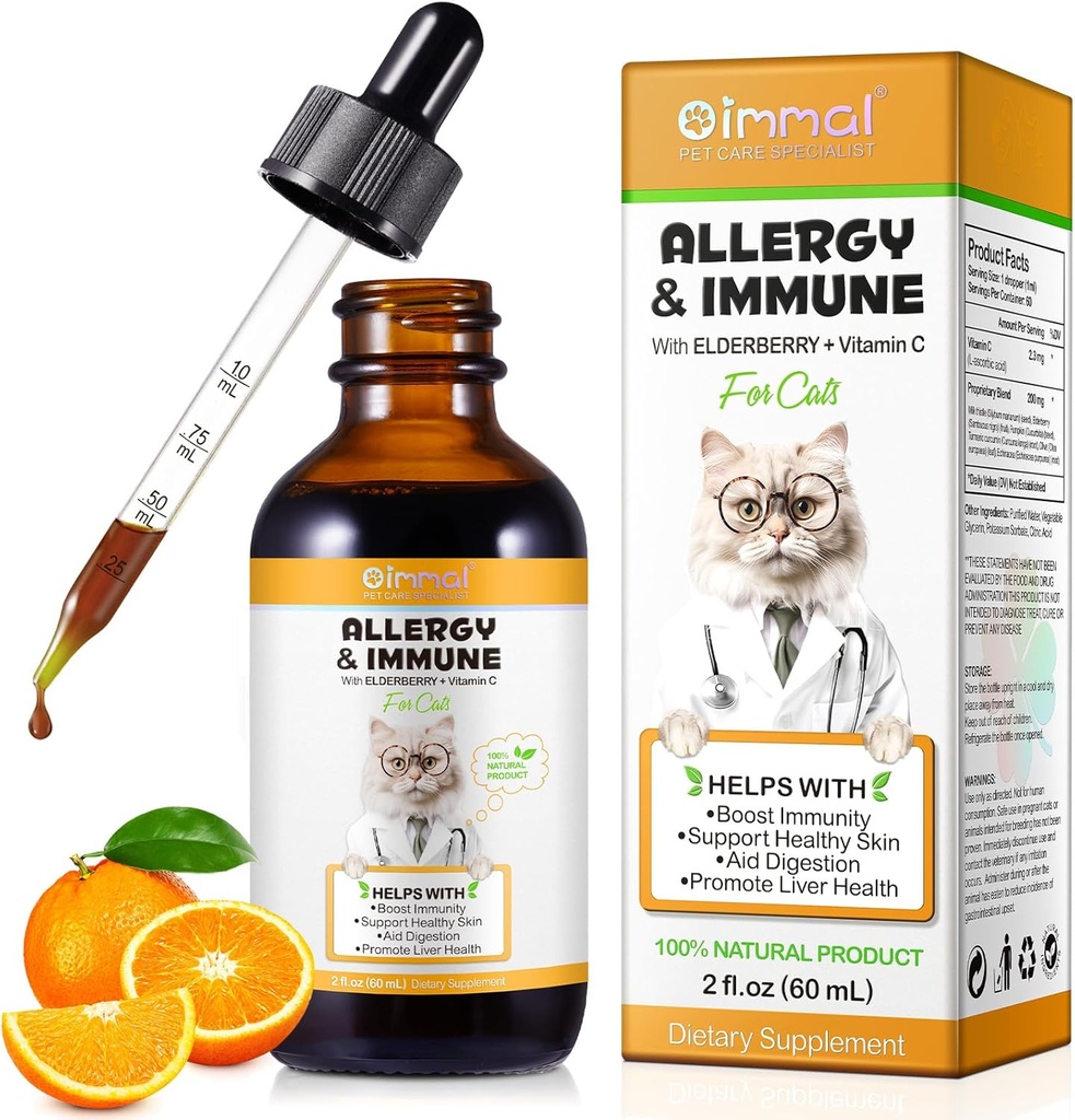 Alergia Relief Drops para gatos, Alergia de gato Imune Imune Tratamento para alergias sazonais & Digestivo, saudável fígado e sistema imunológico, Suplemento de ervas de gato com vitamina C, sabor de frango - 60ml/2fl.oz