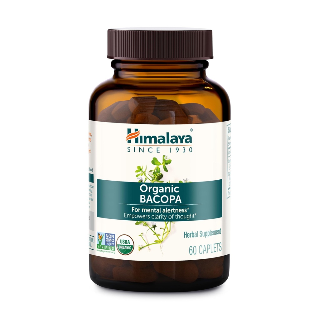 Himalaya Bacopa Monnieri Nootropic Herbal Supplement, Suportes Calm, Memory, Cognition, USDA Certified Organic, Non-GMO, 750 mg, 60 Caplets Based Plant, 60 Day Supply