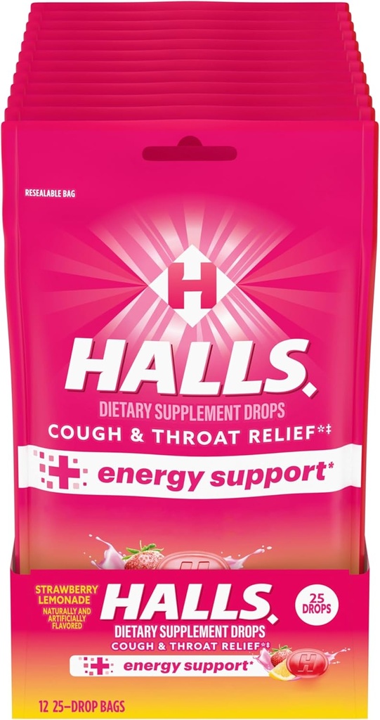 Alívio HALLS + Suporte Energético, Gotas de Limonada de Morango, 12 Sacos de 25 Gotas (300 Gotas Total)