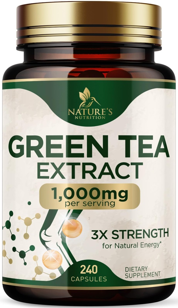 Green Tea Extract Cápsulas 1000 mg - Padrão 45% EGCG & 98% Polifenóis - 3X Força Green Tea Pills para Energia Natural - Suporta saúde do coração, Suplemento de ervas, Vegan, Não-GMO - 240 Cápsulas