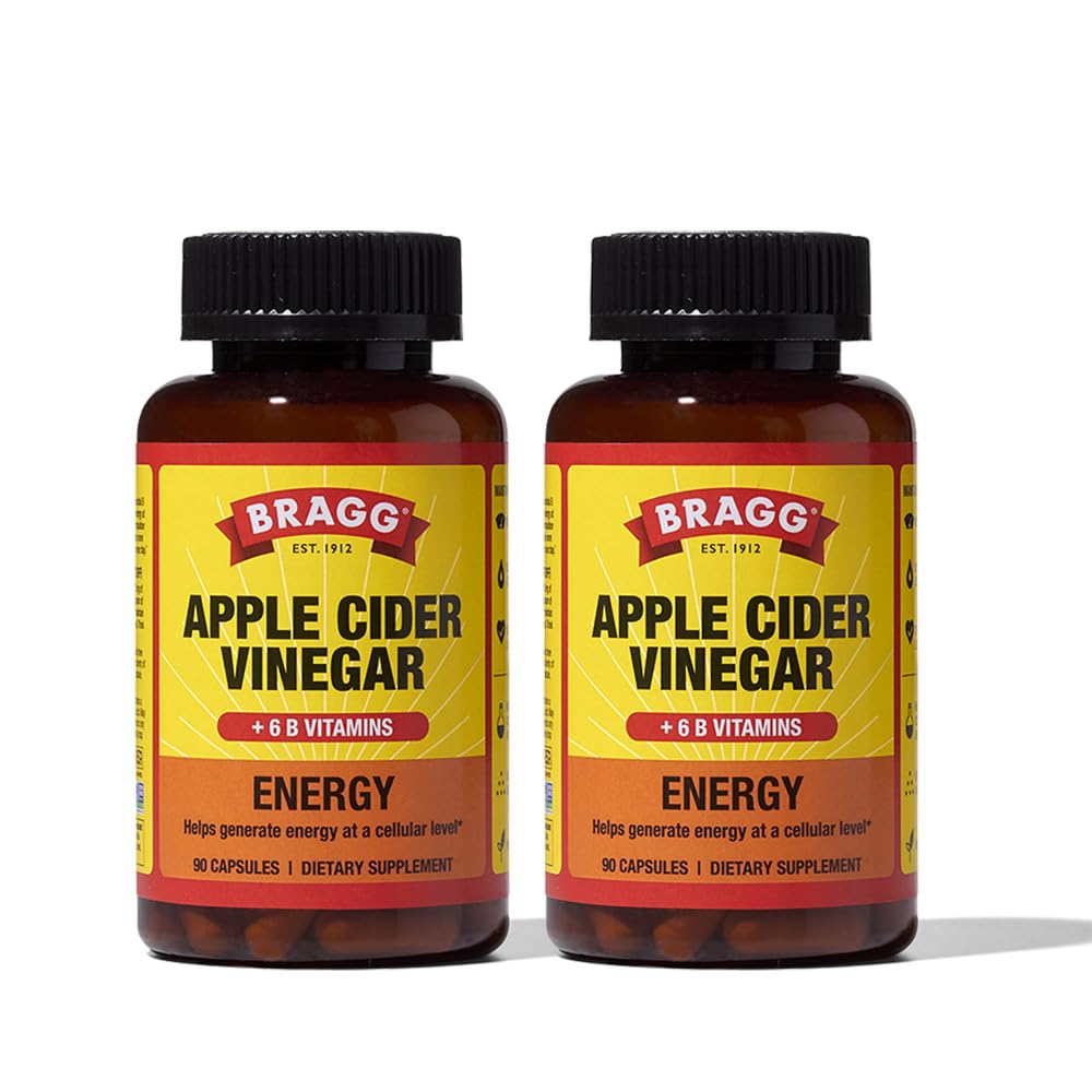 Bragg Energia Apple Cider Vinagre Cápsulas com B-12 Vitaminas - 90 Cápsulas (2 Pack) – Gestão de Peso - Não-GMO, Vegan, Gluten Free - Ajuda a Gerar Energia em Nível Celular para Homens e Mulheres