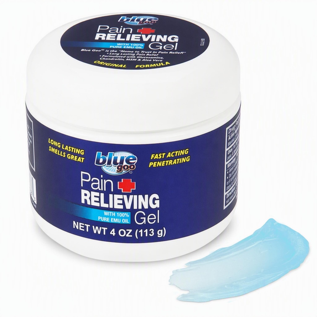 Gel de alívio de dor Goo azul – alívio para dor nas costas, pescoço, músculo e articulações, resfriamento rápido e alívio calmante com óleo 100% puro emu, 4 oz (1 embalagem)