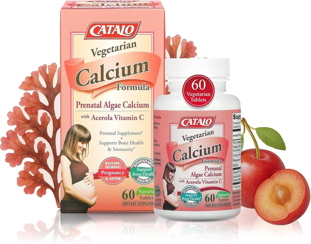 Catalo Fórmula vegetariana de cálcio, Algas vermelhas à base de plantas Cálcio com Vitamina C Natural, Fácil de Digerir, Minerais-Rich para Nutrição diária, Ideal para Gravidez e Lactação - 90 Comprimidos