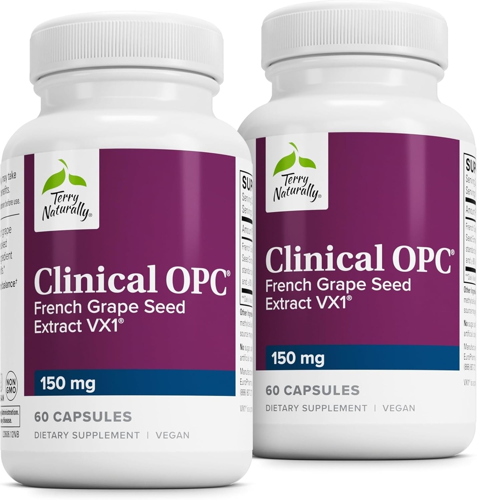 Terry Naturalmente Clinical OPC - Cardiovascular Health & Focus Support Supplement - Suplemento dietético com extrato de semente de uva e girassol Lecitina - Imune Support - 150 mg, 60 Softgels (Pack of 2)