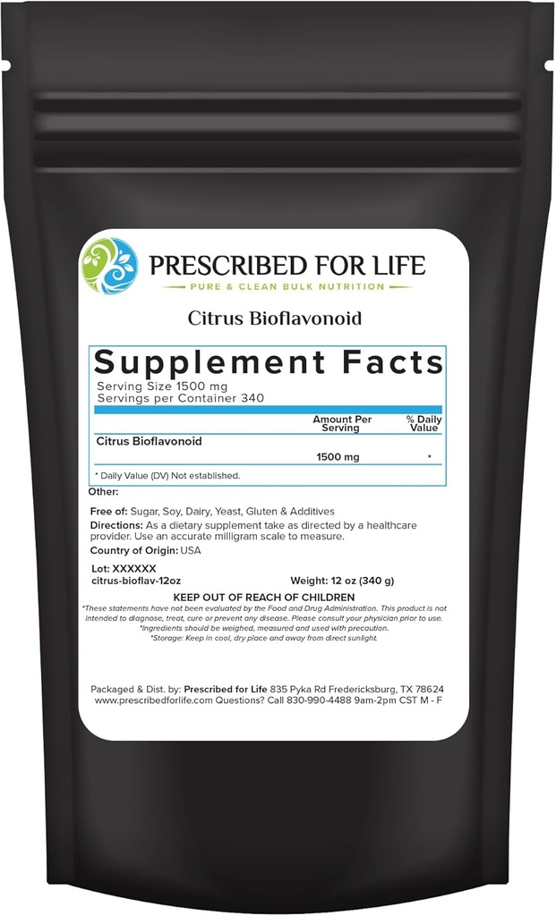 Prescrito para a vida Citrus Bioflavonoids Pó, Pure Powdered Flavonoid Complex for Antioxidant, Circulation, & Ear Health Support (Citrus Limonium, Paradisi, Sinensis) (12 onças / 340g)
