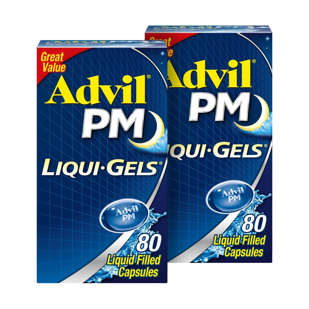 Advil PM Liqui-Gels Pain Reliever e Nighttime Sleep Aid, Pain Medicine com Ibuprofeno para alívio da dor e Difenidramina HCL para um Sleep Aid - 2x80 Cápsulas Recheadas Líquidas