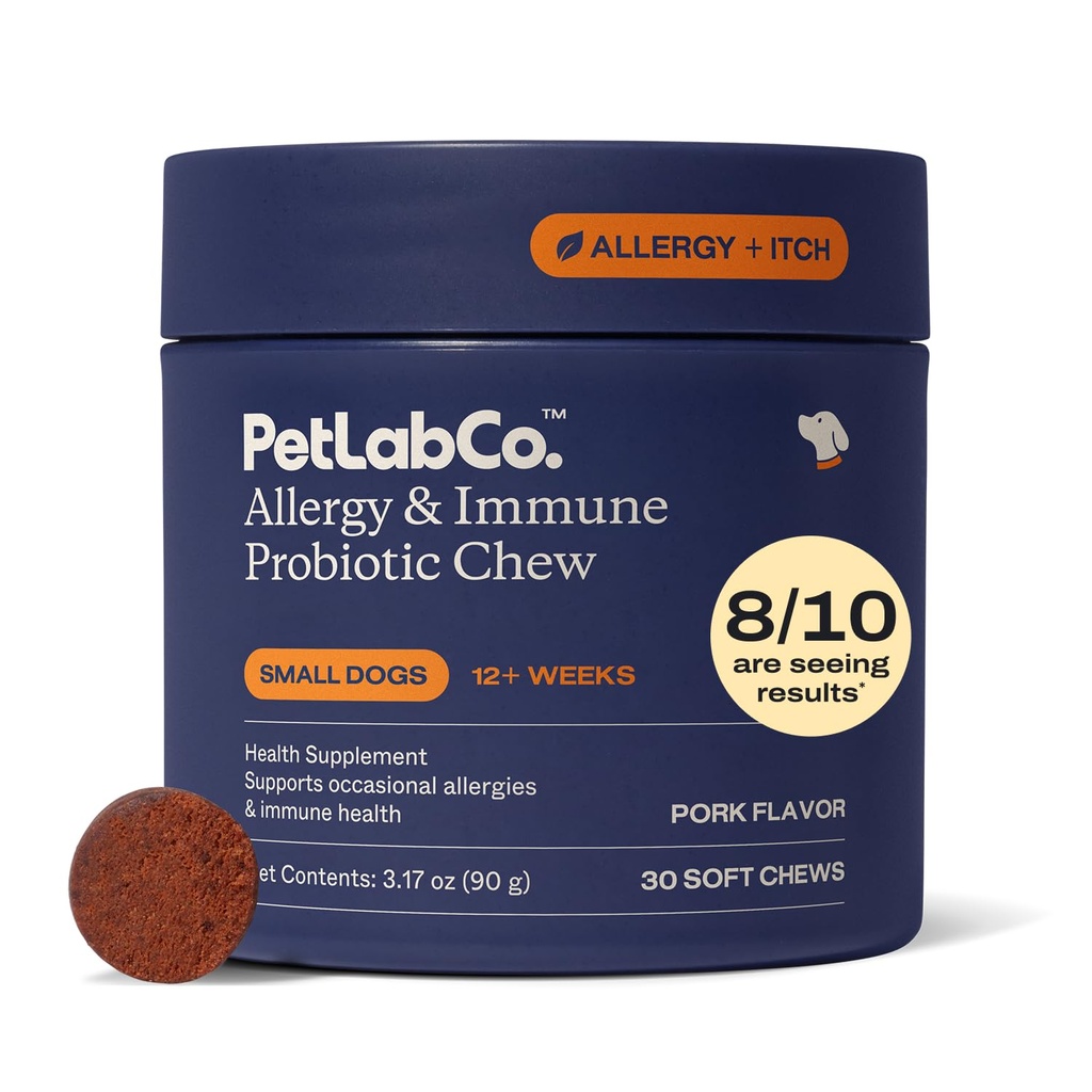 PetLab Co. Alergia & Imune Probióticos Diários para Cães. Suporta Produção de Levedura, Alergias Sazonais, Coceira Intermitente, Gut & Saúde Digestiva - 30 Mastigações para Cães Pequenos - Embalagem Vary Maio