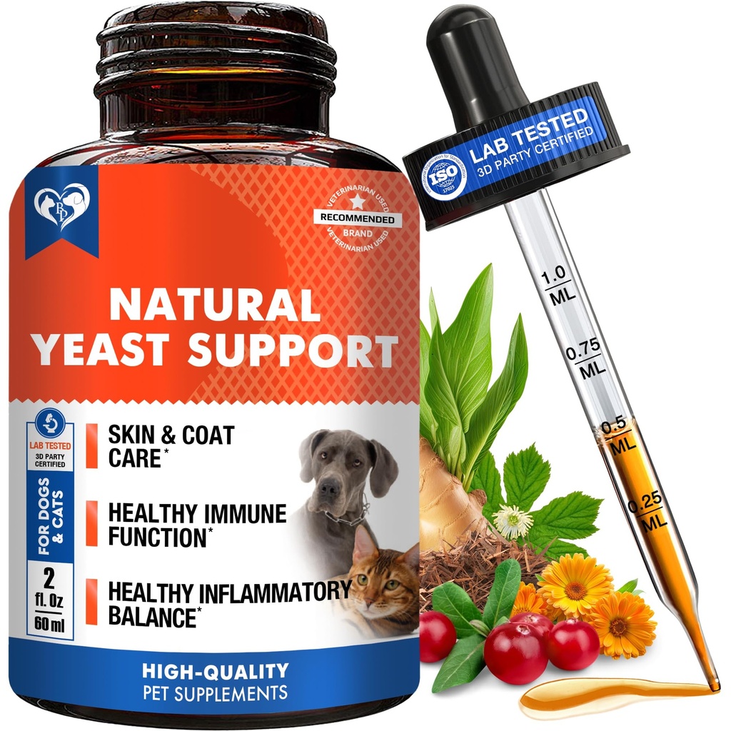 Natural Cats & Dogs Yeast Infection Anti Itch Treatment - Itchy Orelhas, Pele & Alergia Sintomas Alívio - Reduz Inflamação & Alivia Irrigação - Medicina Erva Suplemento Gotas