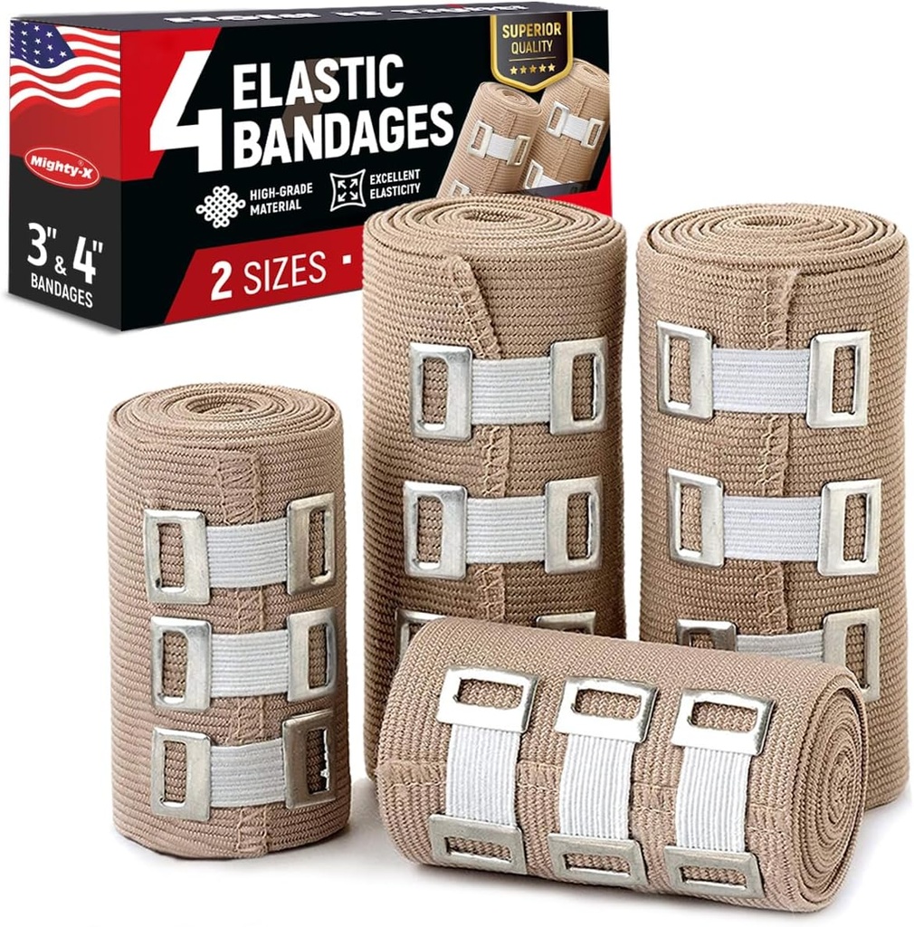 Envolva de bandagem elástica Premium - 4pk (2x3in, 2x4in) + 12 Clips extras - Envolva de bandagem de compressão forte para pulsos, tornozelos, pés e joelhos