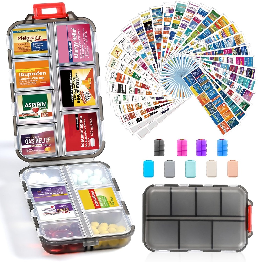 14 Grids caixa organizador de pílulas de viagem com 415-Pcs medicina Nome Etiquetas - Pocket Daily Pharmacy Case Kit Container - Dispensador Titular de Medicação de viagem para Fish Oil Vitamina Armazenamento Suplemento - Limpar Cinza
