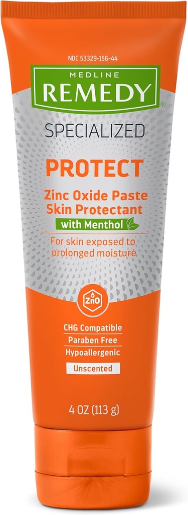 Medline Remedy Especializada em Óxido de Zinco Pasta com Menthol (4 oz Tube), Não perfumado, Calamina, Cuidados de Incontinência, Erupção da fralda, Proteção contra umidade, Hipoalergênico, Paraben Livre, Adultos, Relaxamento