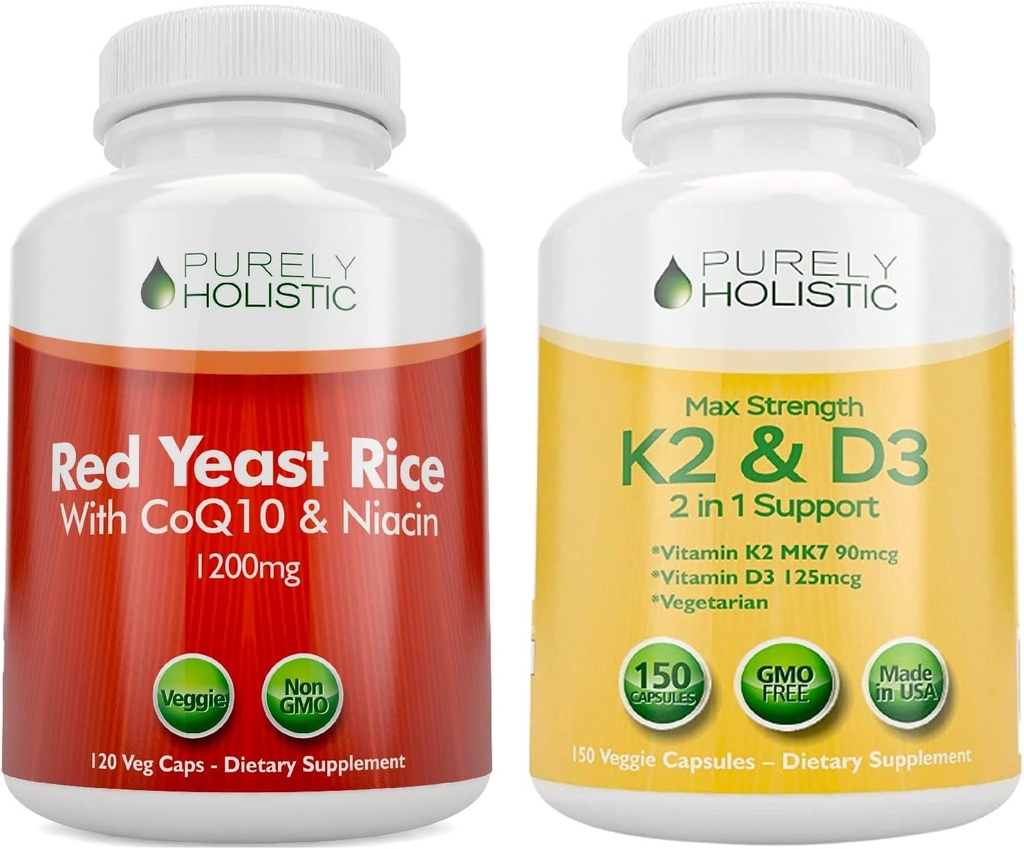 Puramente Holistic Red Yeast Rice 1200mg com CoQ10 & Niacin + Vitamina D3 5000 UI (125mcg) & K2 MK7 90mcg Bundle - 270 Cápsulas Vegetarianas - Made in USA