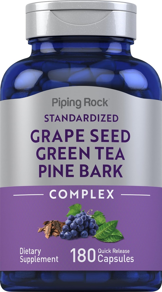 Piping Rock Grape Seed, Green Tea & Pine Bark Complex . 180 Cápsulas . Extrato padronizado .. Não OGM, Suplemento sem glúten