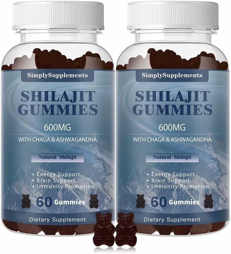 Shilajit Gummies 600mg, Suplemento Shilajit com Trace Minerals & Ácido Fulvico para energia e suporte de imunidade, Resina Shilajit orgânica para homens e mulheres, Vegan, 60 Gummies (2 Pack)