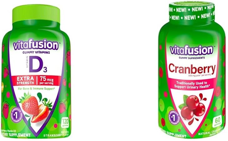 Vitafusion Força extra Vitamina D3 Gummy Strawberry Flavored Bone & Imune Support (120 Count) + Cranberry Gummies para Mulheres Apoio à Saúde Urinária (60 Count)