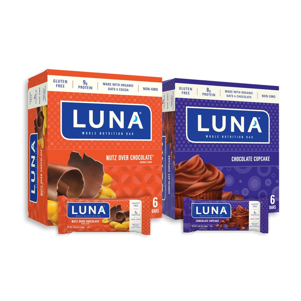 LUNA Bar - Pacote de variedades - Nutz Over Chocolate e Chocolate Cupcake Flavor - Lanches - Não-GMO - Bares de proteína sem glúten - Feito com aveia orgânica (12 Pack, 2 Boxes)