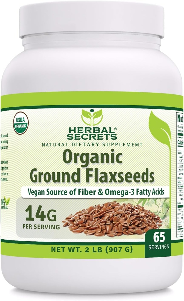 Herbal Secrets USDA Organic Ground Flaxseeds 2 Lbs Powder 14 Grams Per Serving 65 Servings Excelente Vegan Source of Fiber & Omega -3 Fatty Acids Não-GMO (2 Lb 1 Pack)