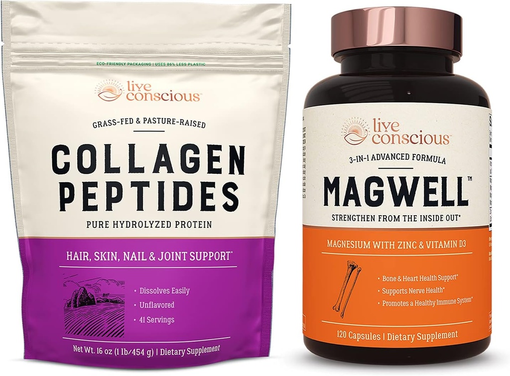 Peptídeos de Colágeno Consciente ao Vivo e Zinco Magnésio Magnésio e Vitamina D3