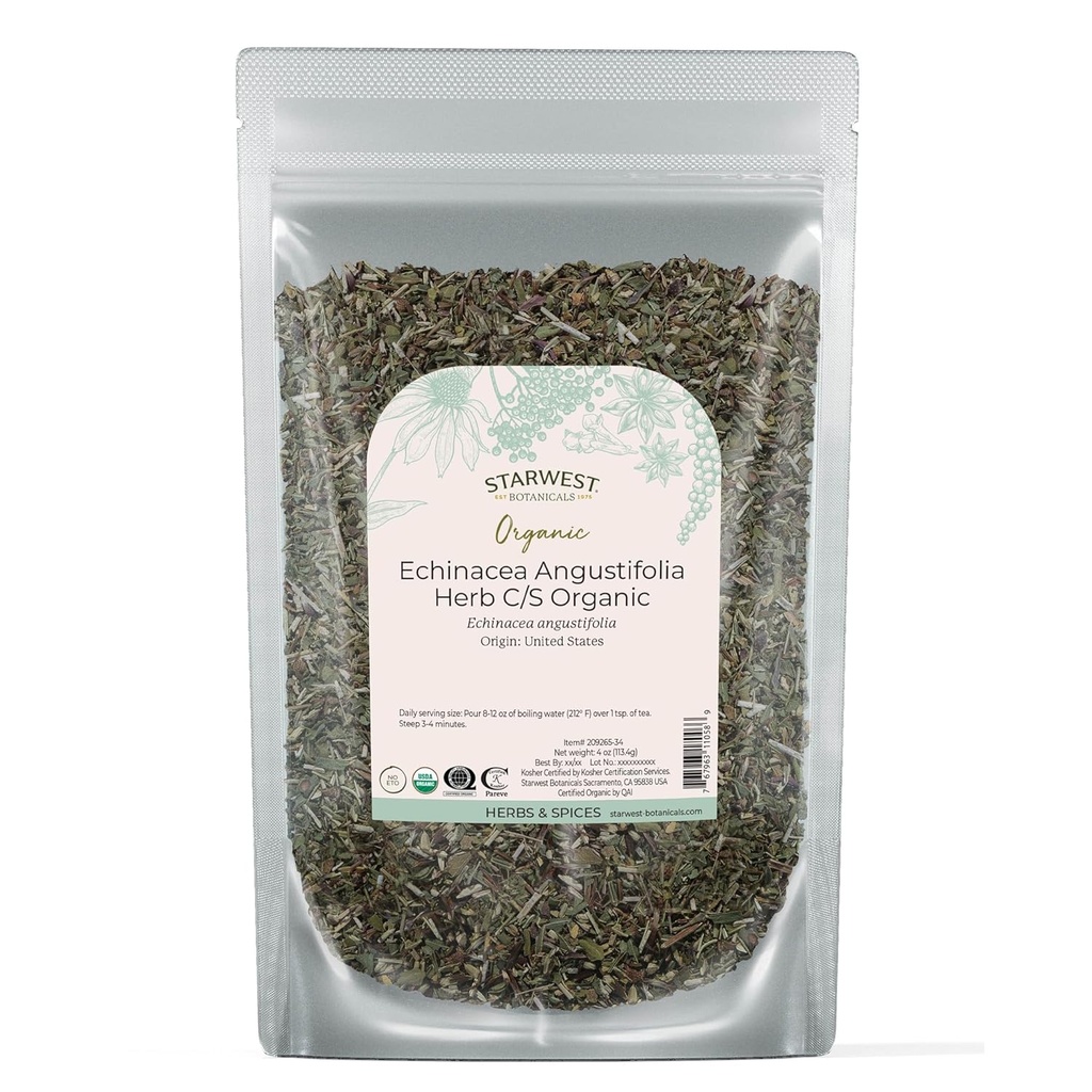 Botânicas Estelar Oeste Secas Echinacea Angustifolia Orgânica - Folha solta para chá, tinturas, & Misturas de ervas naturais, corte & peneira, Kosher certificado, Não-GMO - 4 oz Pouch