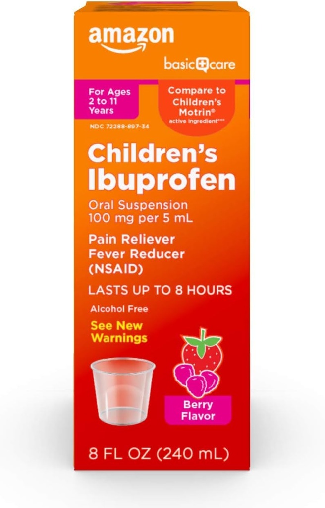 Cuidados Básicos Ibuprofeno Suspensão Oral Infantil, 100 mg por 5 mL, Reliever Dor e Redutor de Febre, Berry Flavor, Para Garganta Dolorida, alívio da dor de cabeça e mais, 8 fl oz (Pacote de 1)
