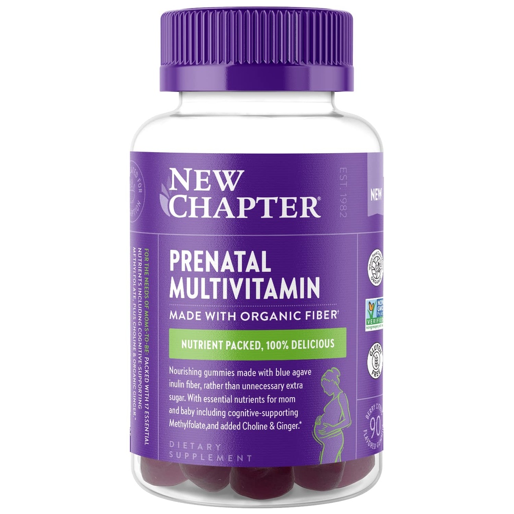 Novo Capítulo Gummies pré-natais multivitamina – 67% Menos Açúcar, Gummies pré-natais para mamãe e bebê saudável com metilfolato, vitamina D3, cholina + gengibre, não-GMO, sem glúten, Citrus Berry, 90ct
