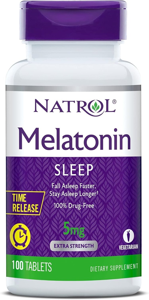 Natrol Time-Release Melatonina 5 mg, Suplemento Alimentar para Sono Descansado *, 100 Comprimidos (Pacote de 2), Fornecimento de 200 dias