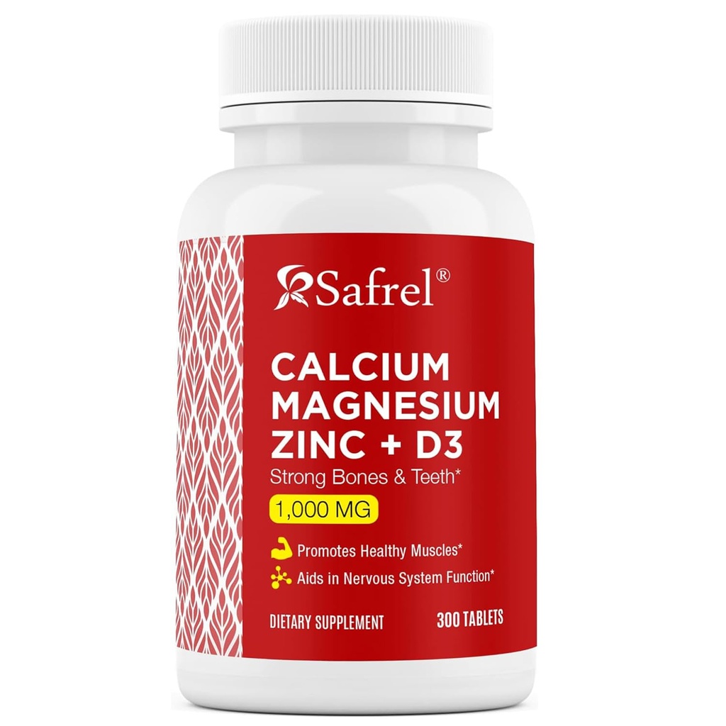 Safrel Cálcio Zinco de magnésio com Vitamina D3, 300 Comprimidos - Cálcio 1000 mg, Magnésio 400 mg, Zinco 20 mg e D3 600 UI por serviço