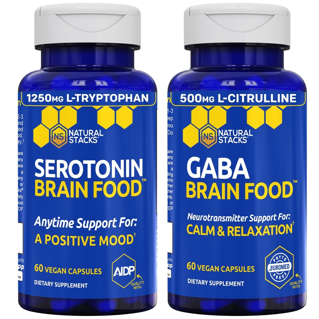 NATURAL STACKS Serotonin & GABA Brain Food Bundle - Suporta humor e calma positivos* - 120 Cápsulas Total