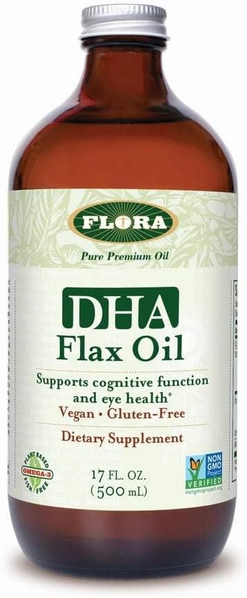 Flora DHA Flax Oil - Suporta Saúde do Cérebro - Contém Vegan Omega-3-6-9, Gluten-Free, Kosher & Non-GMO - Manter frio - Garrafa de vidro - 17 fl. oz.