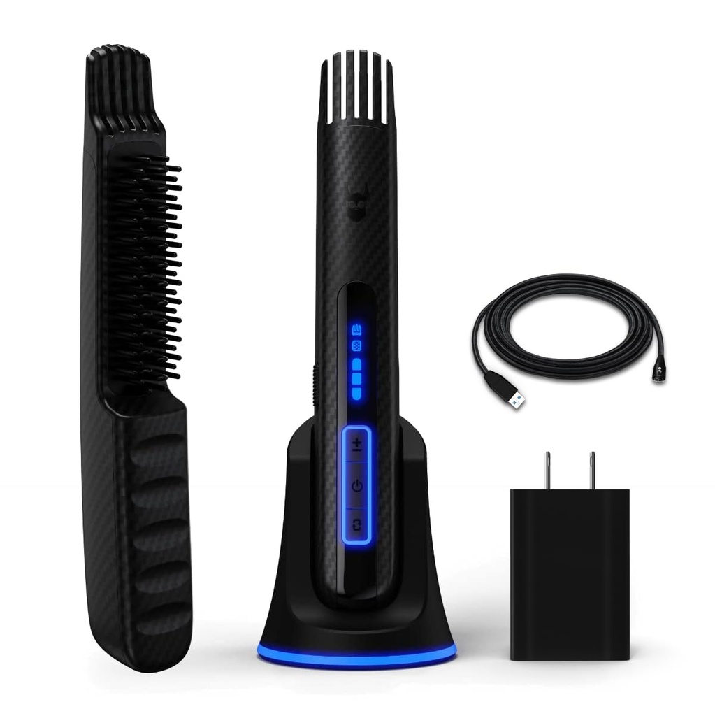 O Carbono X de luta de barba - Escova de barba aquecida + Alisador de barba para homens - Escova de barba sem fio & Comb de endireitamento - recarregável, 3 configurações de calor, manga protetora de micro-fibra incluído