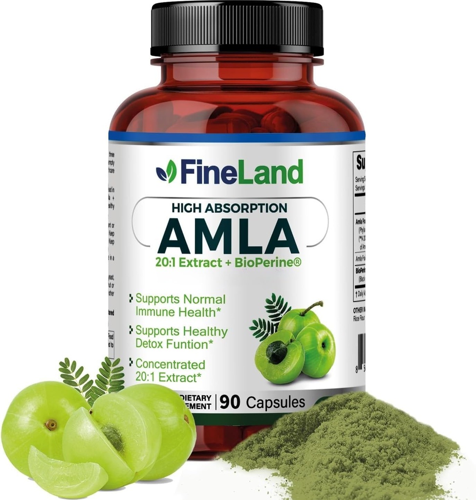FineLand Amla (Indian Gooseberry) 20X Extrato de espectro completo – 30.600mg Equivalente por Serviço com BioPerine® para Absorção, Rico em Vitamina C Natural, Imune e Suporte Digestivo – 90 Cápsulas Vegan