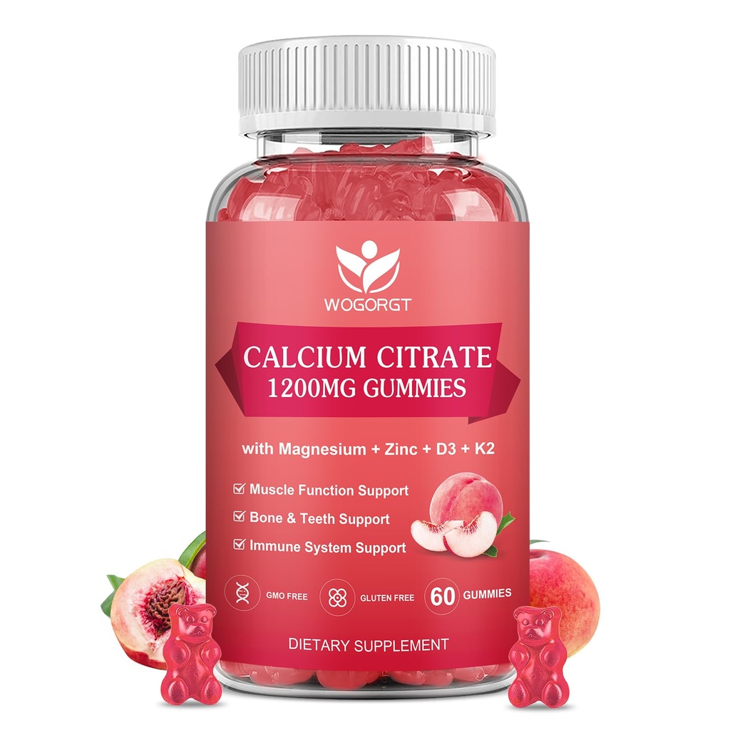 Citrato de cálcio 1200mg chicletes com vitamina D3 K2 - Mastigável Magnésio de cálcio Zinco d3 Suplemento com Extrato de Musgo Mar para ossos, dentes, Imune Suporte para Mulheres e Homens, Flavor de pêssego branco - 60 chicletes
