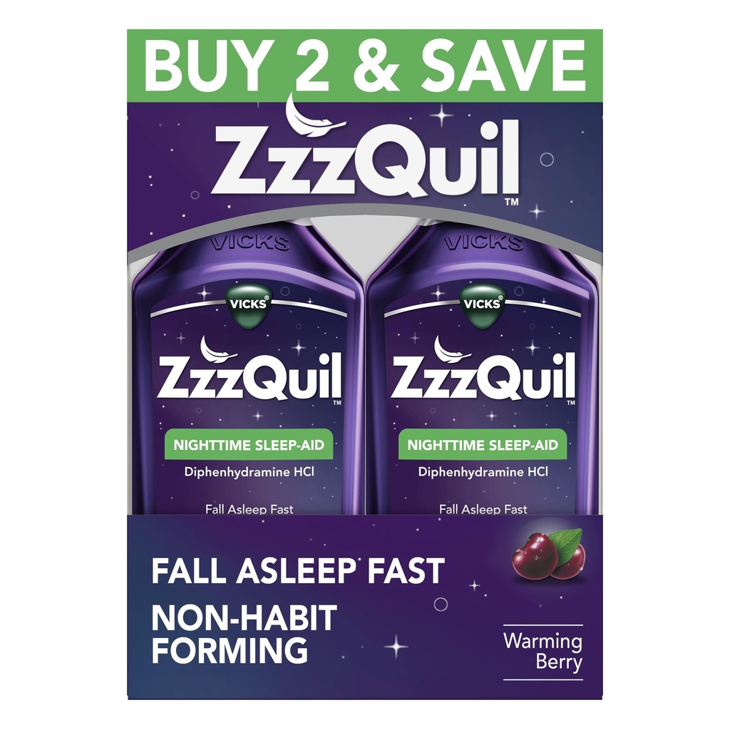 ZzzQuil, Ajuda ao sono, Ajuda ao sono à noite líquido, 50 mg de difenidramina HCl, Queda de sono rápido, Formando não-Habit, Aquecendo sabor Berry, 12 FL OZ (Pacote de 2)