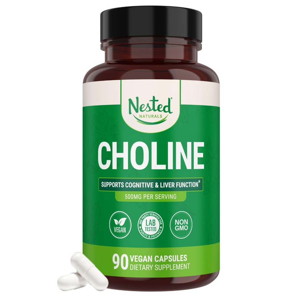 Aninhado Naturals Choline Bitartrate 500mg - Suplementos de alta potência Choline - Suporta desempenho cognitivo e função hepática - 100% Vegan & Não-GMO Choline - 90 Cápsulas Vegan